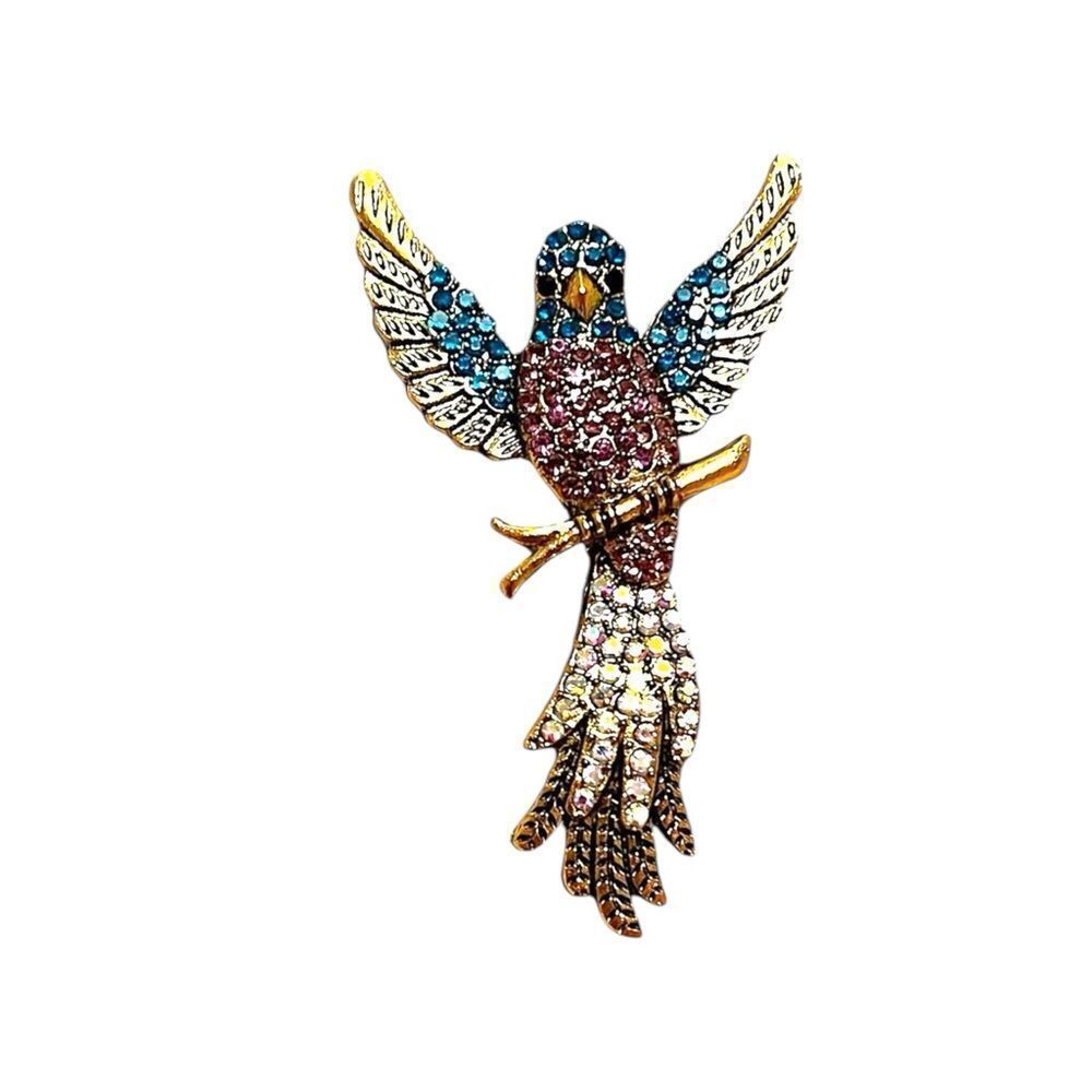 Teal And Pink Rhinestone Gold Tone Bird Brooch NWT
